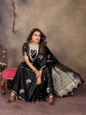 black Satin silk floral motifs zari weaving banarasi saree 6