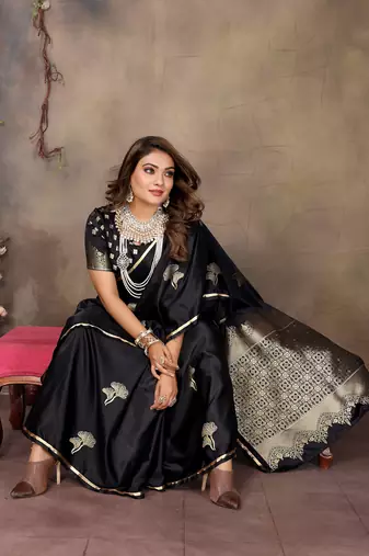 black Satin silk floral motifs zari weaving banarasi saree
