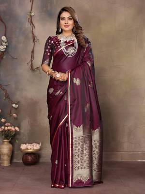 maroon Satin silk floral motifs zari weaving banarasi saree 1