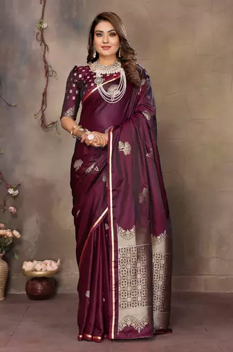 maroon Satin silk floral motifs zari weaving banarasi saree