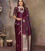 maroon Satin silk floral motifs zari weaving banarasi saree