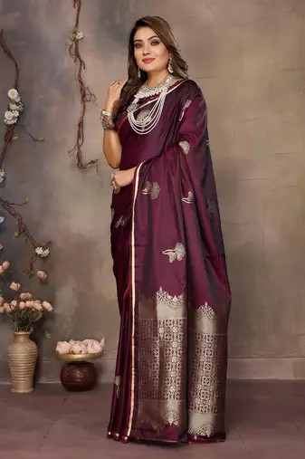maroon Satin silk floral motifs zari weaving banarasi saree