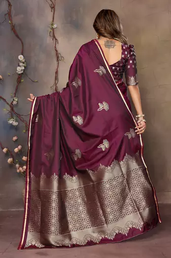 maroon Satin silk floral motifs zari weaving banarasi saree