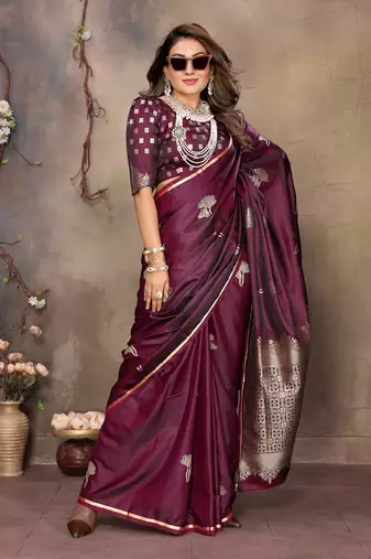 maroon Satin silk floral motifs zari weaving banarasi saree