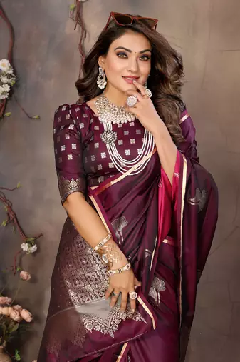maroon Satin silk floral motifs zari weaving banarasi saree