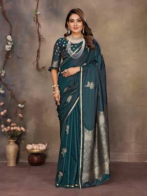 teal Satin silk floral motifs zari weaving banarasi saree 1