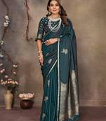 teal Satin silk floral motifs zari weaving banarasi saree