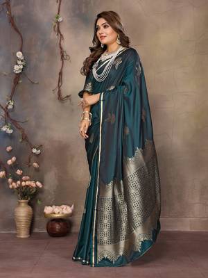 teal Satin silk floral motifs zari weaving banarasi saree 3