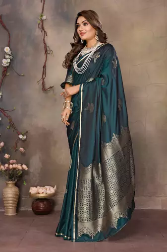 teal Satin silk floral motifs zari weaving banarasi saree