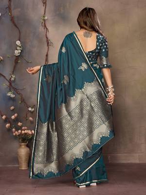 teal Satin silk floral motifs zari weaving banarasi saree 4