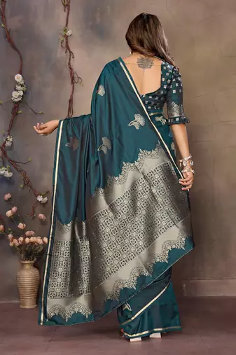 teal Satin silk floral motifs zari weaving banarasi saree