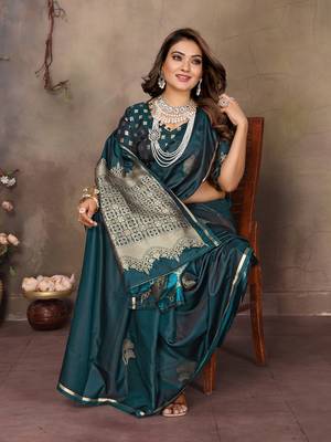 teal Satin silk floral motifs zari weaving banarasi saree 5