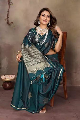 teal Satin silk floral motifs zari weaving banarasi saree