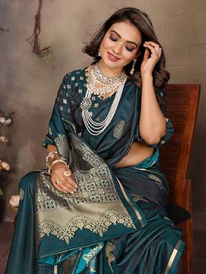 teal Satin silk floral motifs zari weaving banarasi saree 6