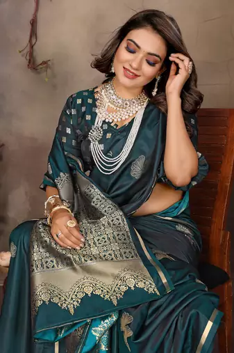 teal Satin silk floral motifs zari weaving banarasi saree