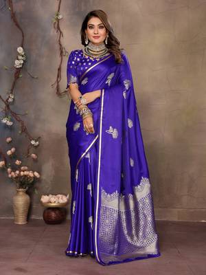 royal blue Satin silk floral motifs zari weaving banarasi saree 1