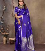 royal blue Satin silk floral motifs zari weaving banarasi saree