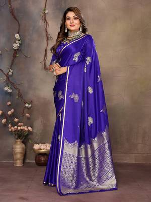 royal blue Satin silk floral motifs zari weaving banarasi saree 3