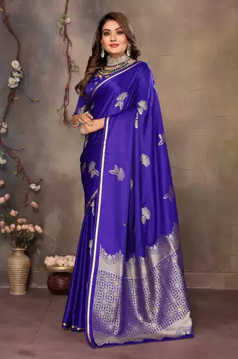 royal blue Satin silk floral motifs zari weaving banarasi saree