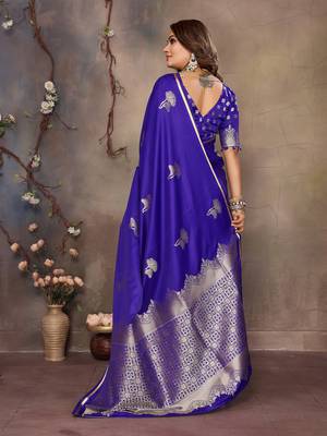 royal blue Satin silk floral motifs zari weaving banarasi saree 4