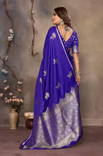 royal blue Satin silk floral motifs zari weaving banarasi saree