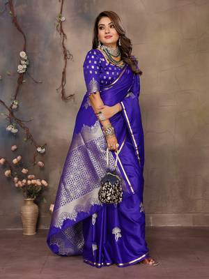 royal blue Satin silk floral motifs zari weaving banarasi saree 5