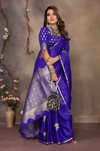 royal blue Satin silk floral motifs zari weaving banarasi saree