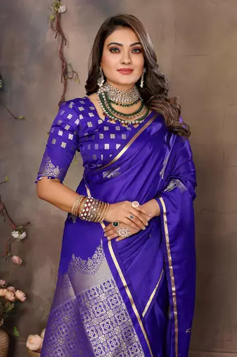royal blue Satin silk floral motifs zari weaving banarasi saree