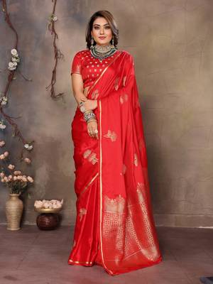 red Satin silk floral motifs zari weaving banarasi saree 1