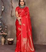 red Satin silk floral motifs zari weaving banarasi saree