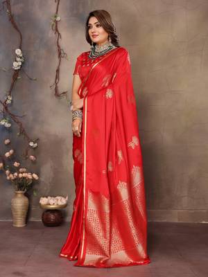 red Satin silk floral motifs zari weaving banarasi saree 3