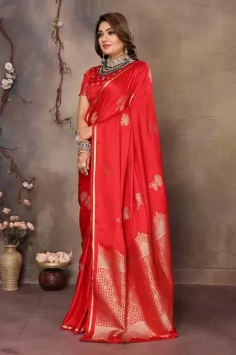 red Satin silk floral motifs zari weaving banarasi saree