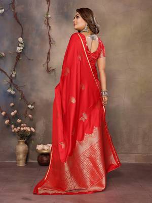 red Satin silk floral motifs zari weaving banarasi saree 4