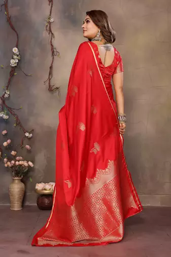red Satin silk floral motifs zari weaving banarasi saree