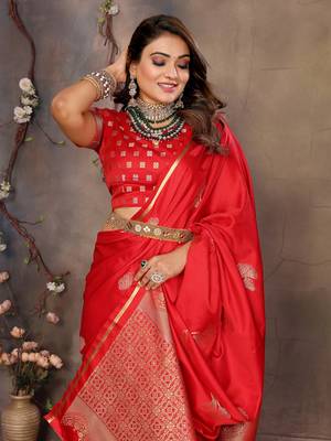 red Satin silk floral motifs zari weaving banarasi saree 5