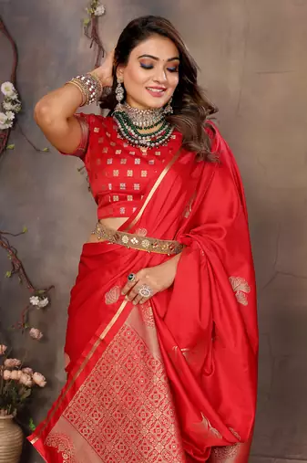red Satin silk floral motifs zari weaving banarasi saree