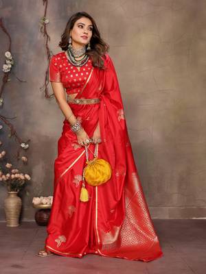 red Satin silk floral motifs zari weaving banarasi saree 6