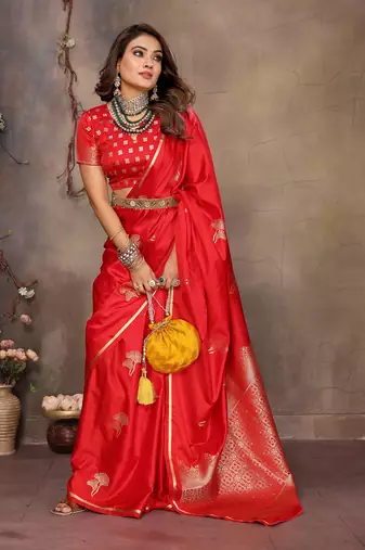 red Satin silk floral motifs zari weaving banarasi saree