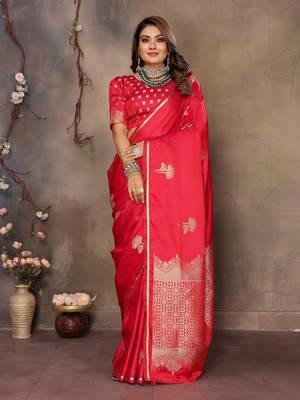 pink Satin silk floral motifs zari weaving banarasi saree 1