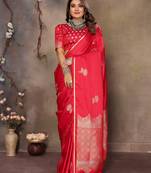pink Satin silk floral motifs zari weaving banarasi saree