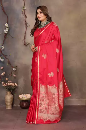 pink Satin silk floral motifs zari weaving banarasi saree