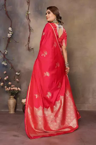 pink Satin silk floral motifs zari weaving banarasi saree