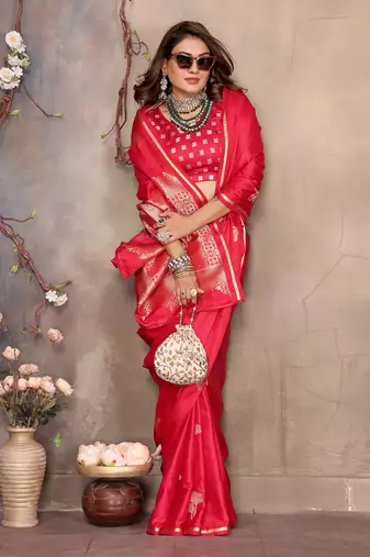 pink Satin silk floral motifs zari weaving banarasi saree