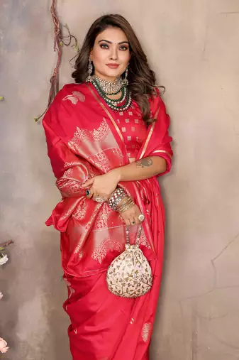 pink Satin silk floral motifs zari weaving banarasi saree