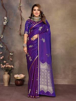 purple Satin silk floral motifs zari weaving banarasi saree 1
