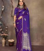 purple Satin silk floral motifs zari weaving banarasi saree