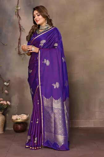 purple Satin silk floral motifs zari weaving banarasi saree