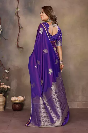 purple Satin silk floral motifs zari weaving banarasi saree