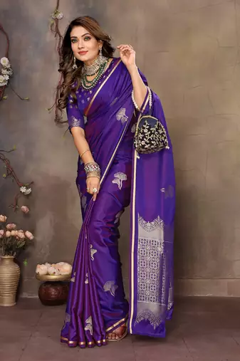 purple Satin silk floral motifs zari weaving banarasi saree