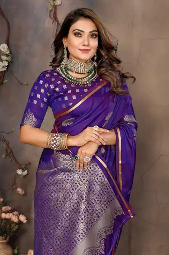 purple Satin silk floral motifs zari weaving banarasi saree